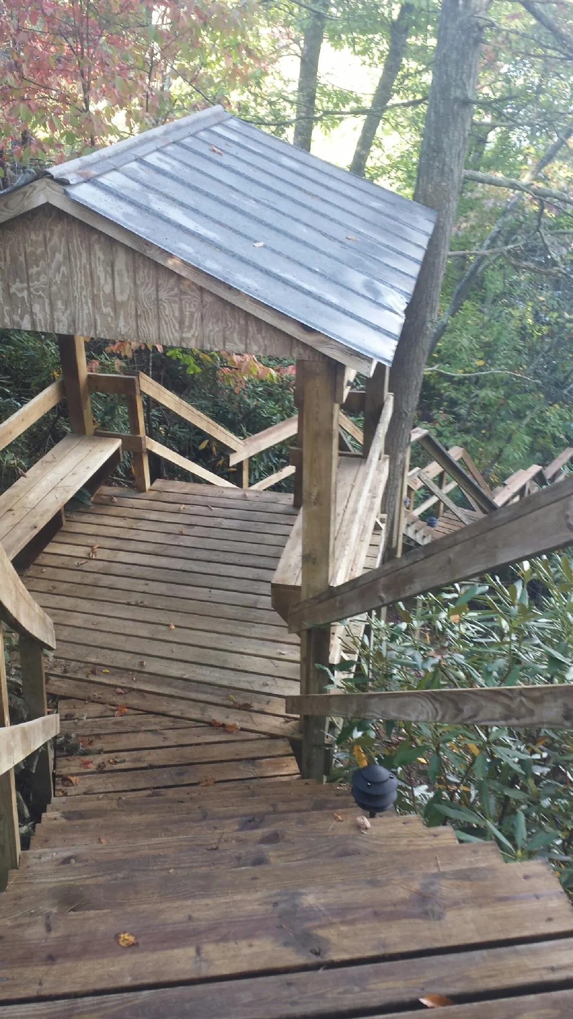 Metal roofed shelter over wooden steps on a wooded walkway — Skylight Repair & Installation work by our crew in Port Costa
